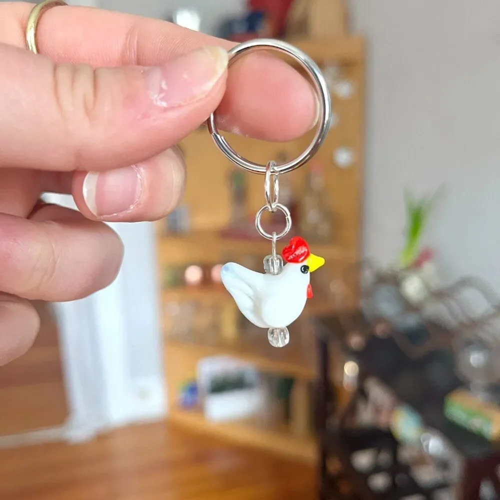 Ceramic White and Red Rooster Charm Key Chain